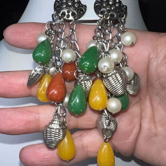 Vintage MCM Silver Tone and Beaded Cascade Clip Earrings - Picture 3 of 8